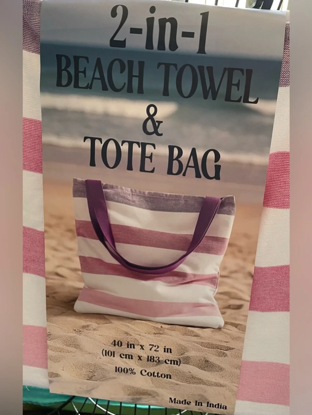 2-in-1 Beach Towel & Tote Bag - Striped Green and Pink Options